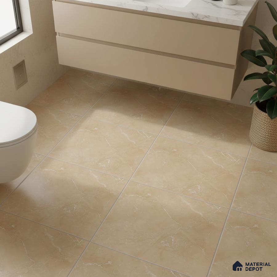 Modern bathroom with beige marble-look floor tiles and floating vanity with marble countertop