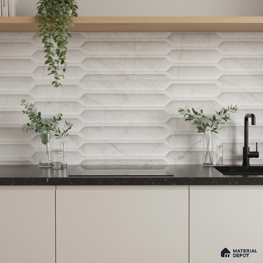 Minimalist kitchen with white marble geometric backsplash tile and black marble countertop
