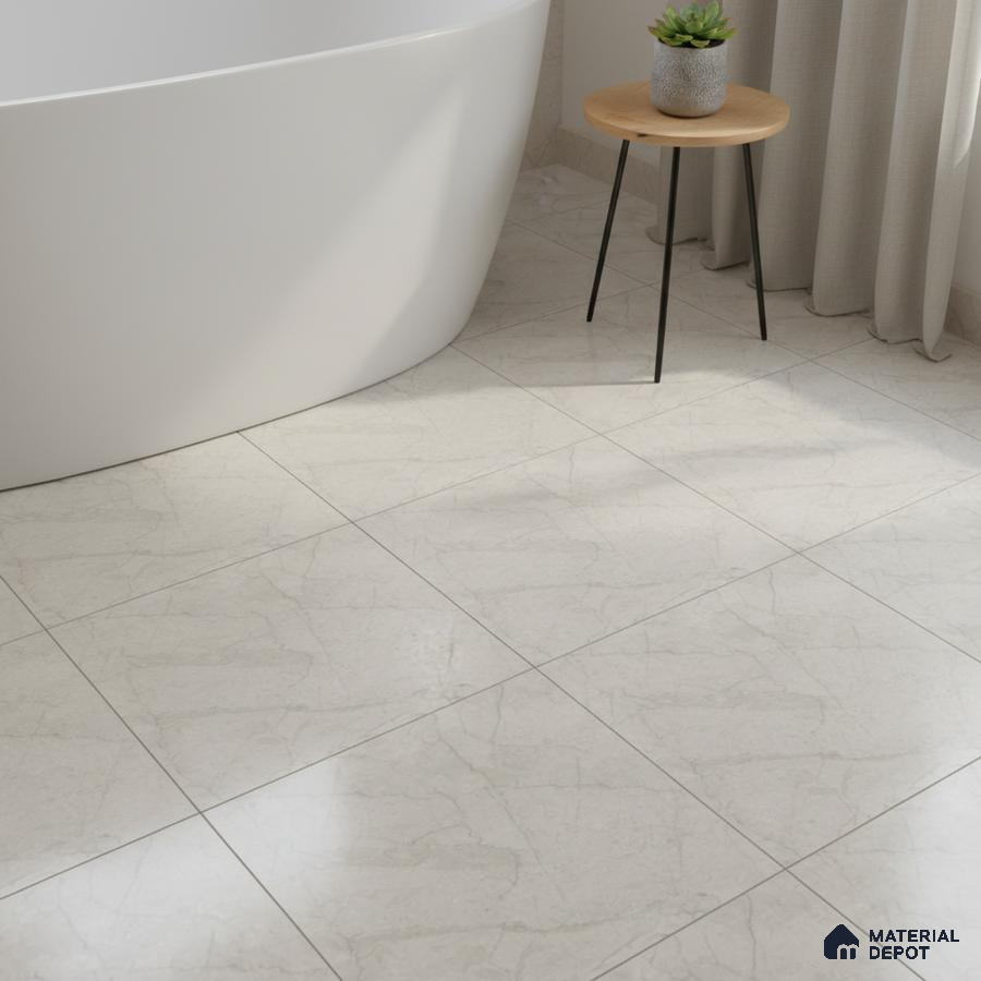 Minimalist bathroom with white marble-look floor tiles and freestanding tub