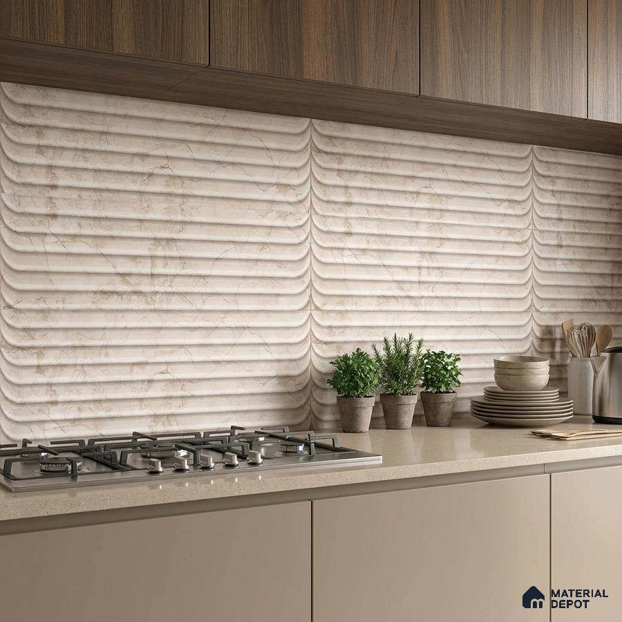 Modern kitchen with beige marble-look fluted backsplash tile and taupe quartz countertop