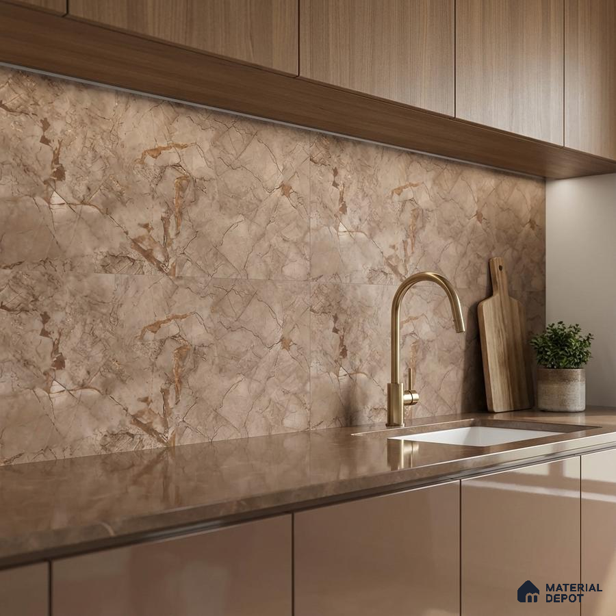 Modern kitchen with beige marble-look backsplash tile, taupe glossy laminate cabinets, and brown marble countertop