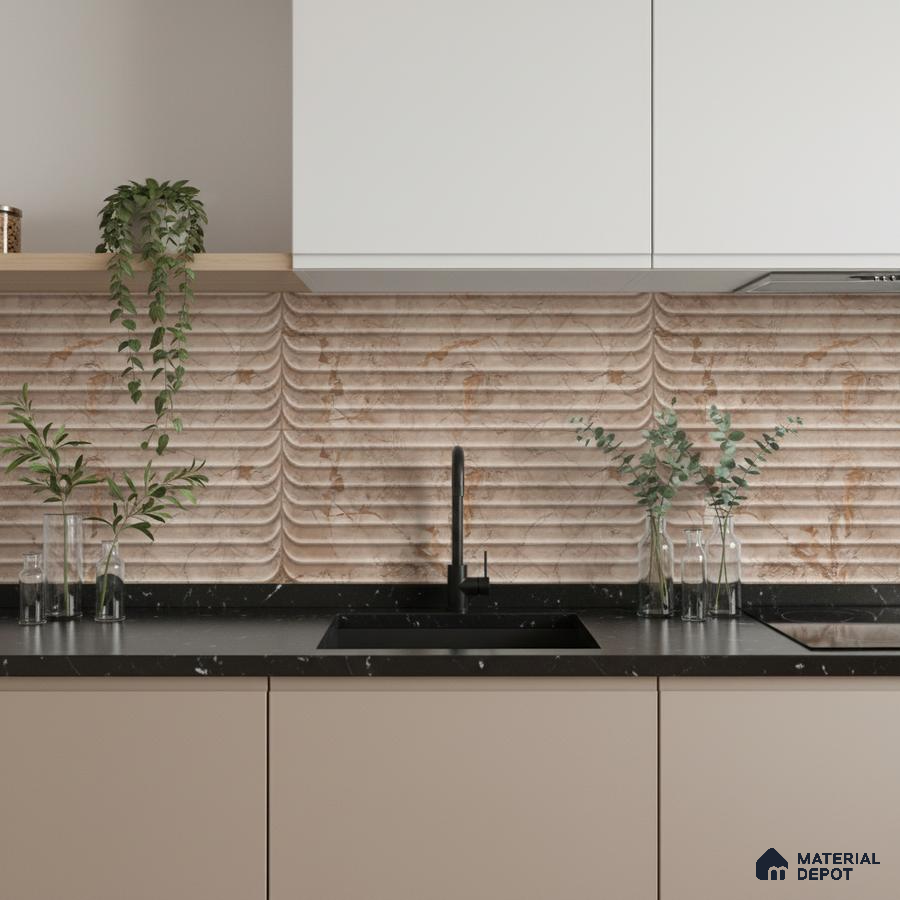 Modern kitchen with beige marble fluted backsplash tile and black marble countertop