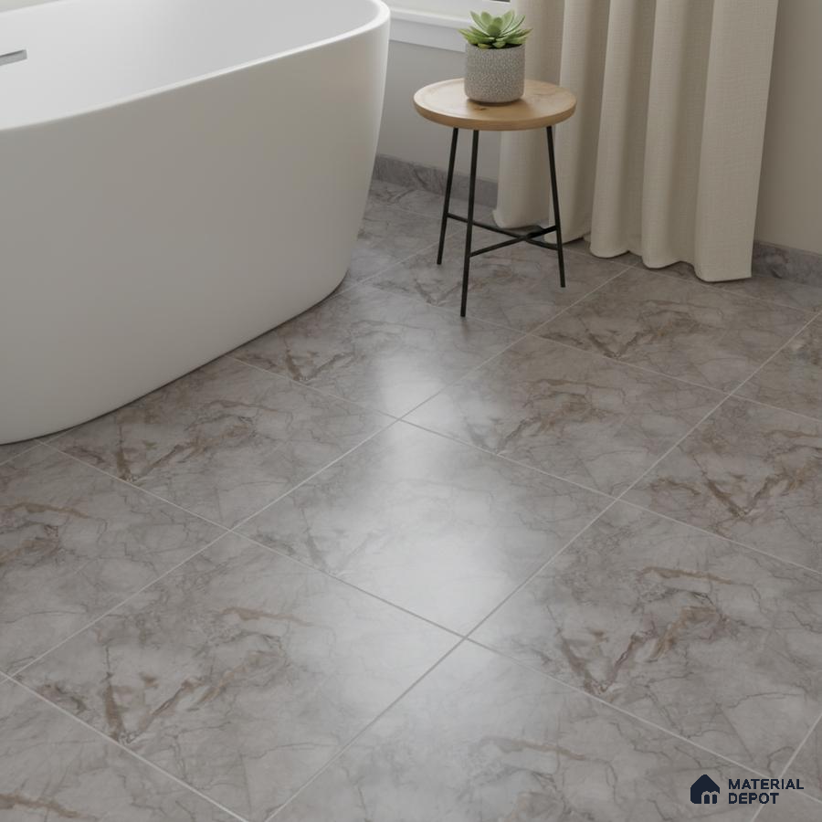 Minimalist bathroom with grey marble floor tiles and freestanding tub
