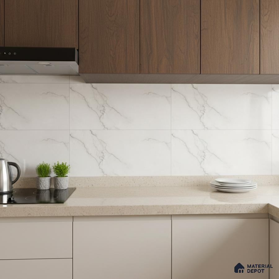 Modern kitchen with walnut wood laminate cabinets, beige quartz countertop, and white marble-look backsplash tiles