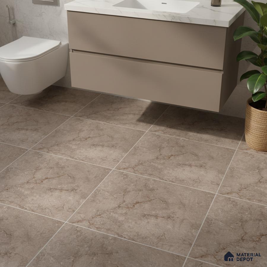 Modern bathroom with taupe floating vanity, white marble countertop, and beige marble floor tiles