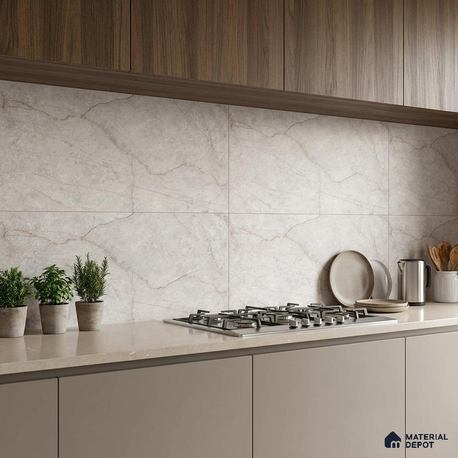 Modern kitchen with walnut wood laminate cabinets, beige quartz countertop, and marble-look backsplash tiles