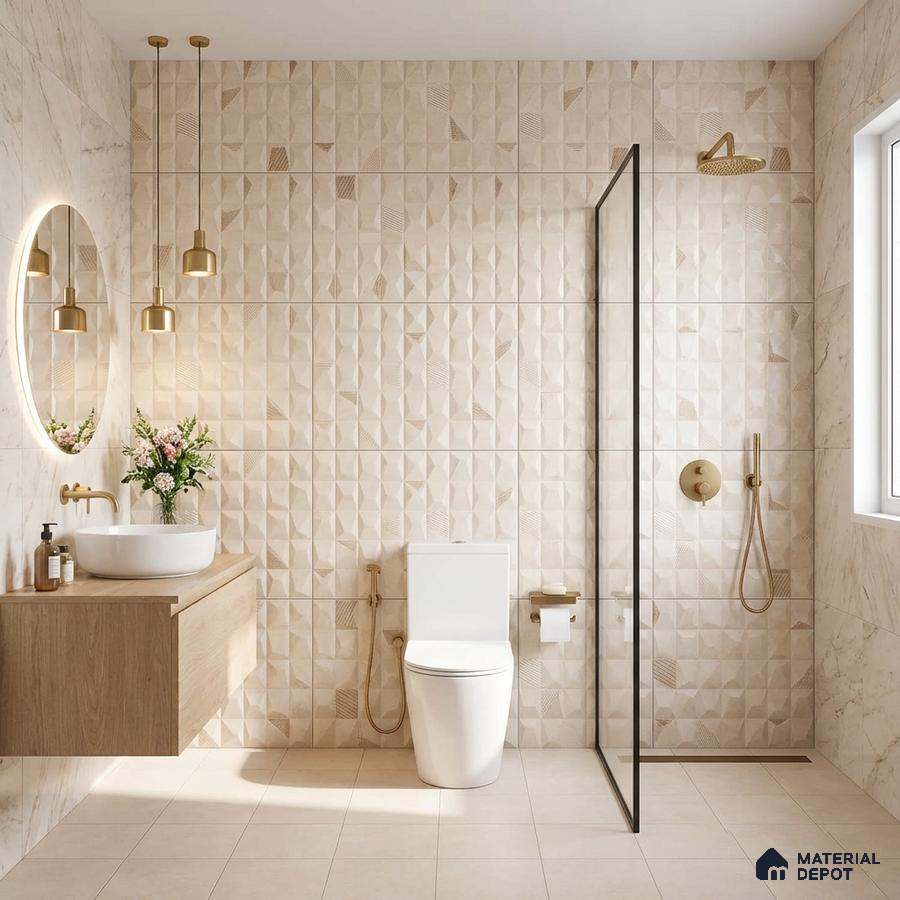 Modern bathroom with beige 3D geometric wall tiles, marble-look wall tiles, and light wood floating vanity