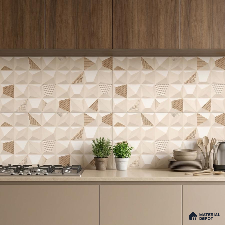 Modern kitchen with geometric beige and brown backsplash tile, taupe laminate cabinets, and walnut wood overheads