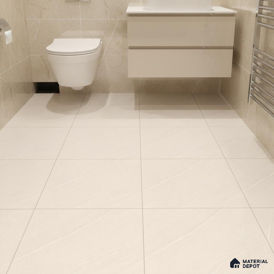 Modern bathroom with beige marble-look wall and floor tiles and glossy floating vanity
