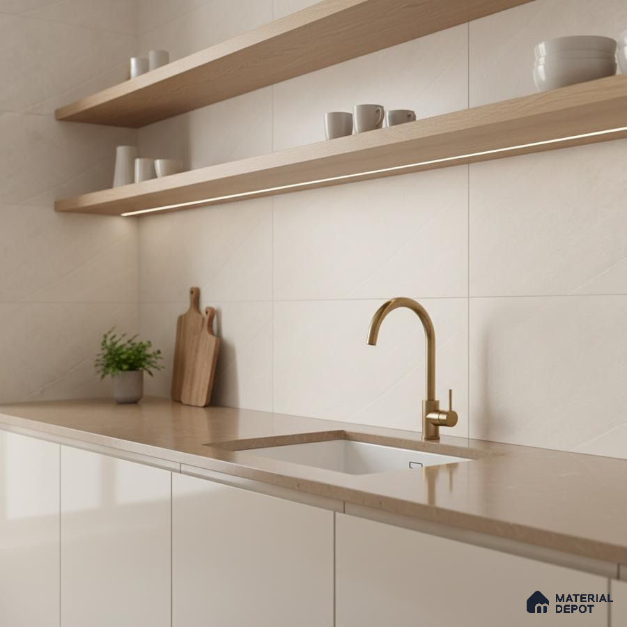 Minimalist kitchen with beige quartz countertop, frosty white laminate cabinets, and light oak open shelves