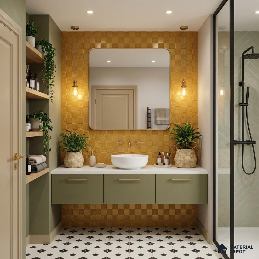Modern bathroom with mustard checkerboard wall tiles, sage green vanity laminate, and black-and-white geometric floor tiles