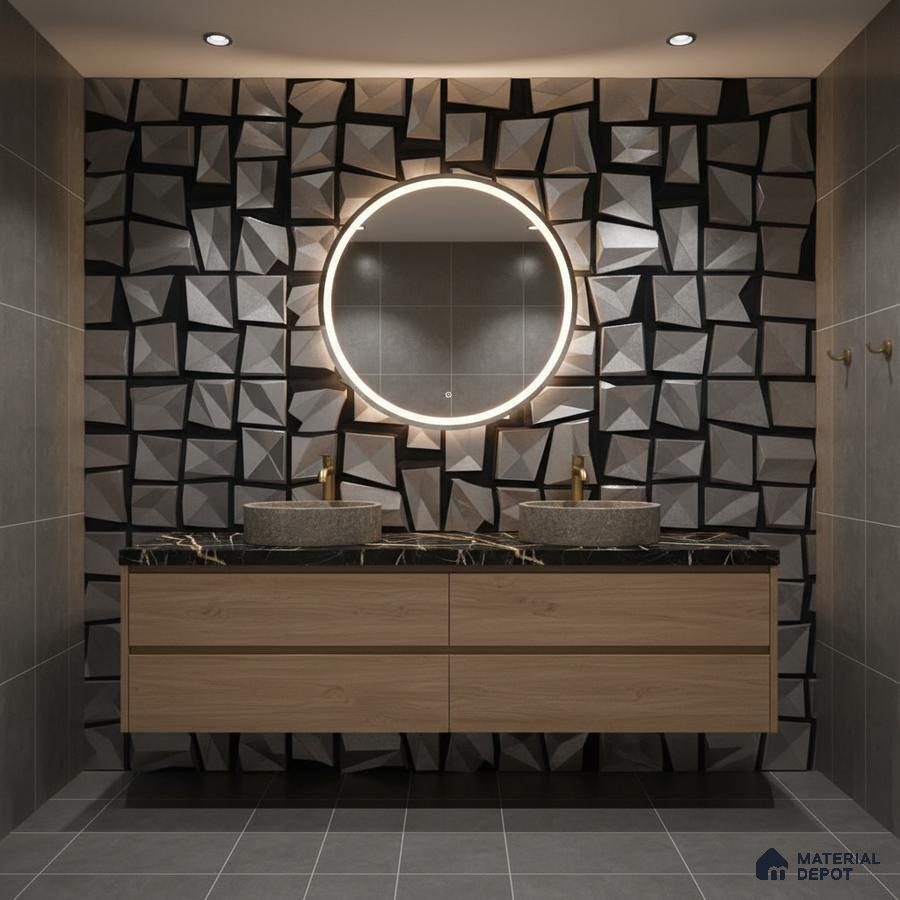 Modern bathroom with 3D geometric wall tiles, black quartz countertop, and light oak vanity