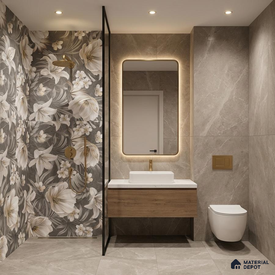 Modern bathroom with floral highlighter wall tile, beige marble-look tiles, and wood vanity
