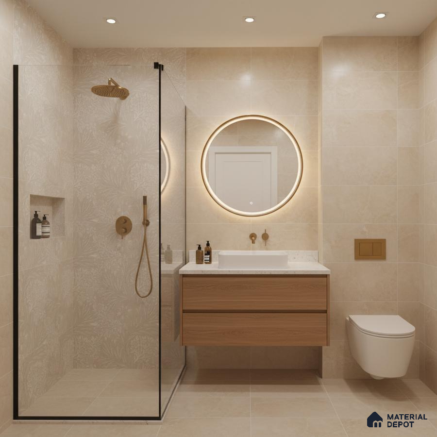 Minimalist bathroom with beige marble-look tiles, floating wood vanity, and brass fixtures