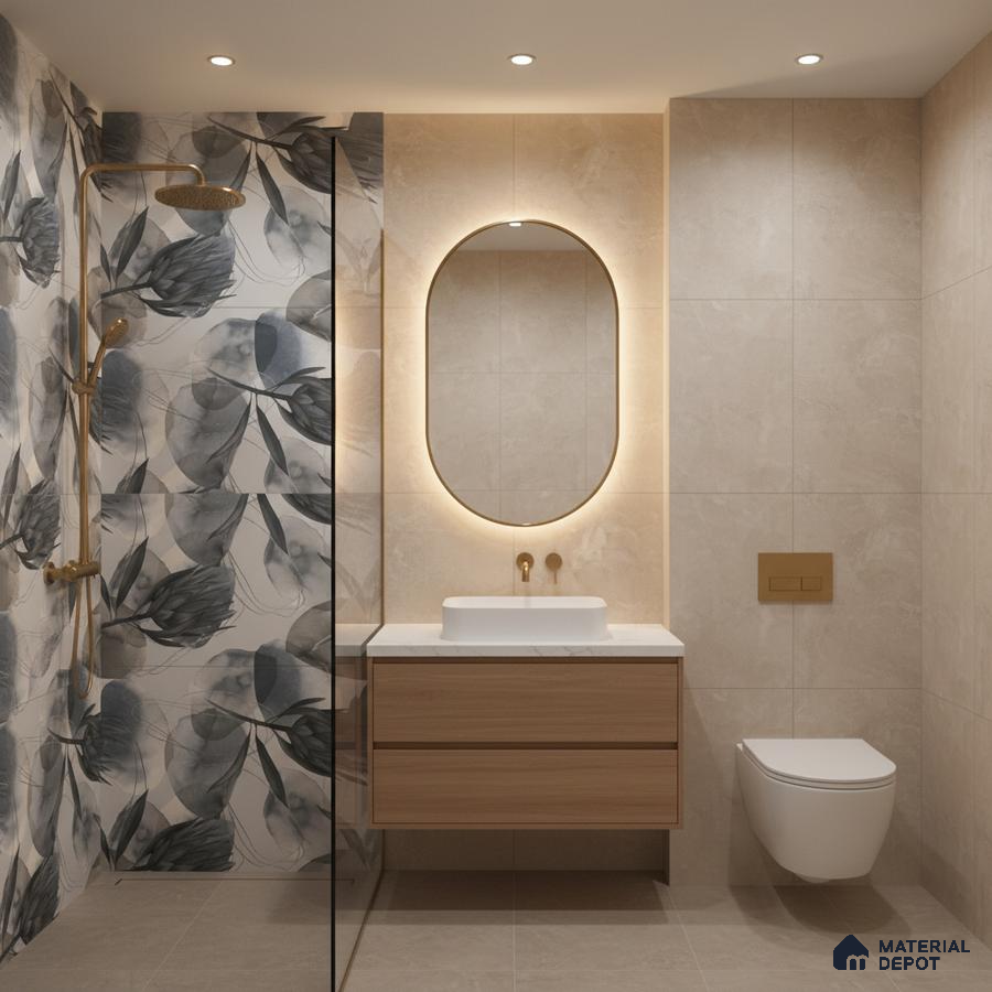 Modern bathroom with beige stone tiles, floral highlighter wall tile, and floating wood vanity