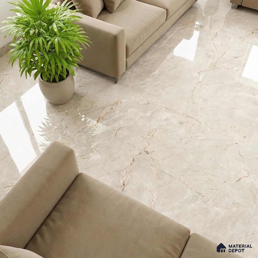 Modern living room with beige marble-look glossy floor tiles and taupe fabric sofa