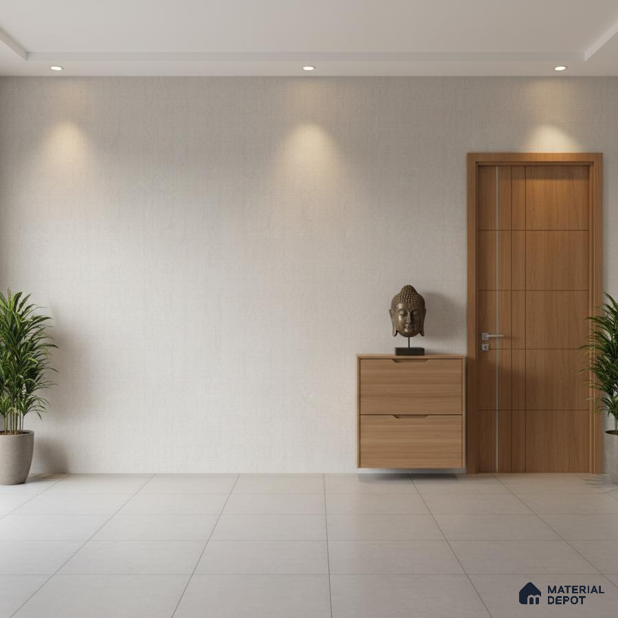 Minimalist foyer with light beige wall paint, oak wood laminate door and console, and matte white floor tiles