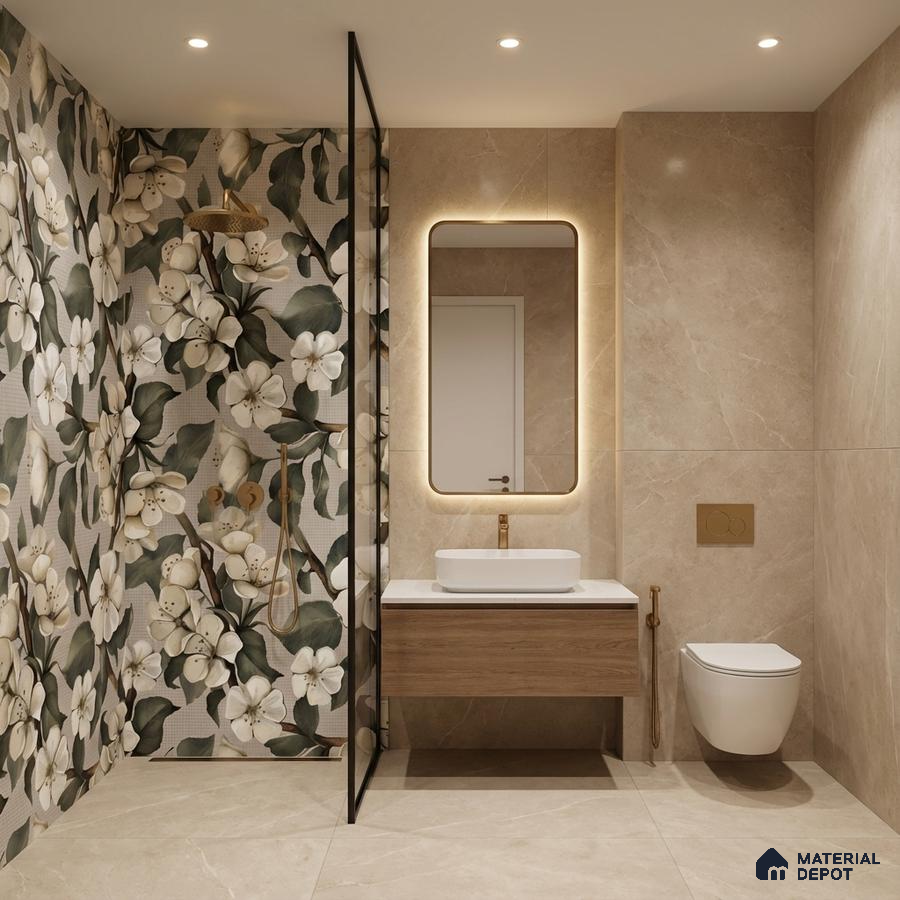 Modern bathroom with floral highlighter wall tile, beige marble-look tiles, and wood vanity