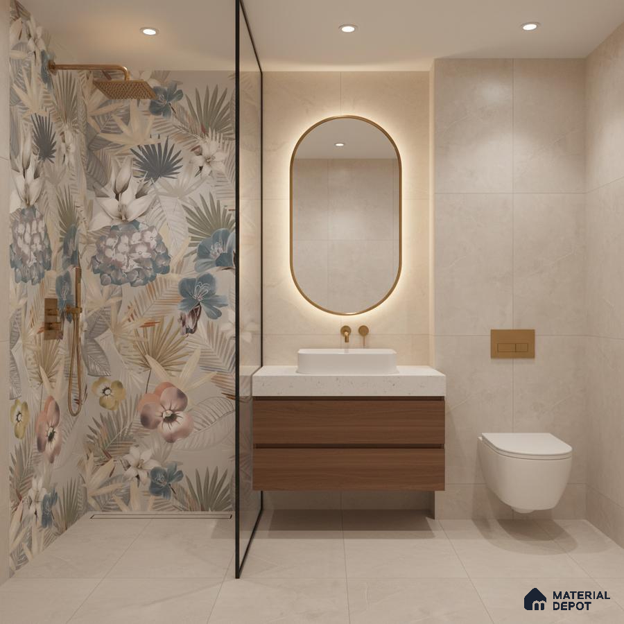 Modern bathroom with floral highlighter wall tile, beige marble-look tiles, and wood vanity