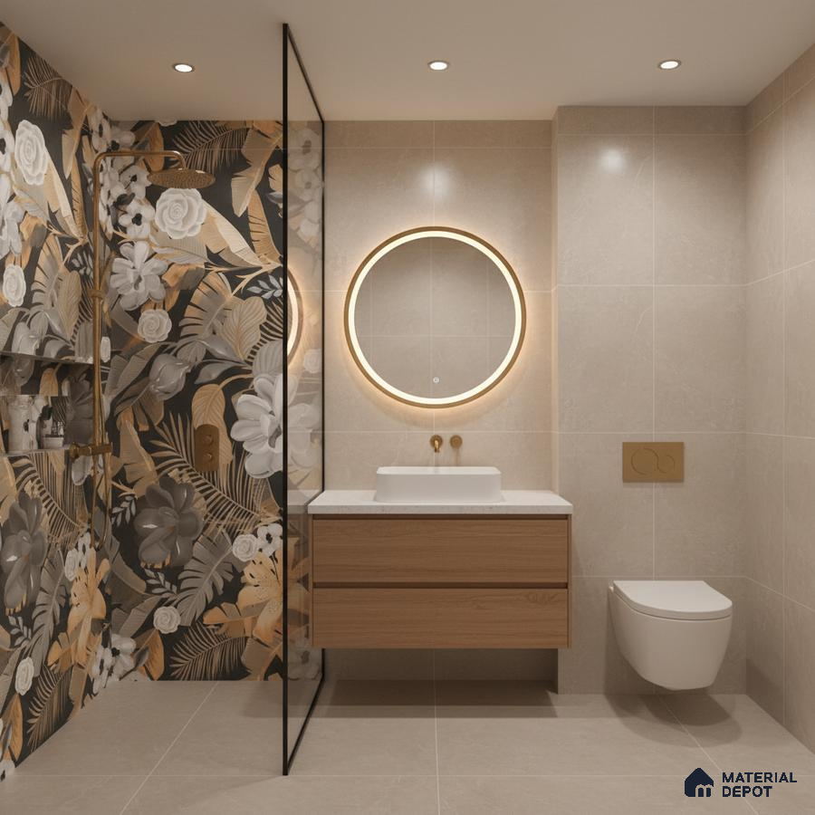 Modern bathroom with floral patterned highlighter wall tile, beige stone wall tile, and wood vanity