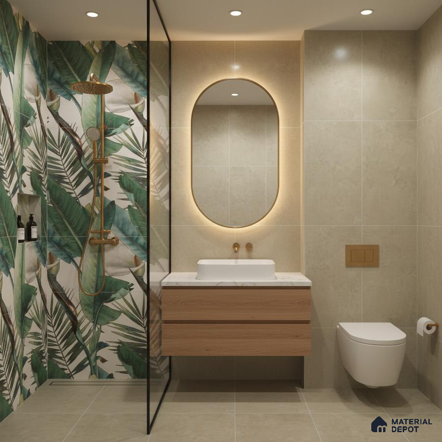 Modern bathroom with tropical leaf highlighter wall tile, beige stone wall tile, and wood vanity