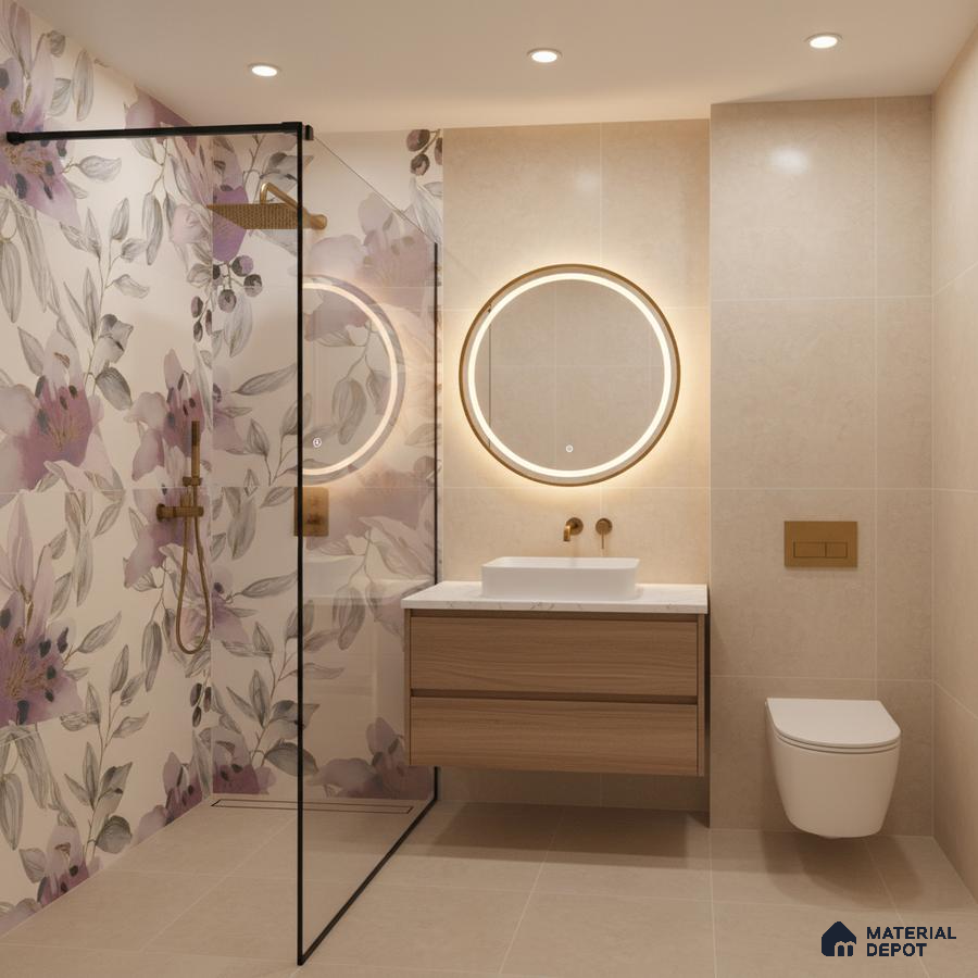 Modern bathroom with floral highlighter wall tile, beige wall tile, and wood vanity