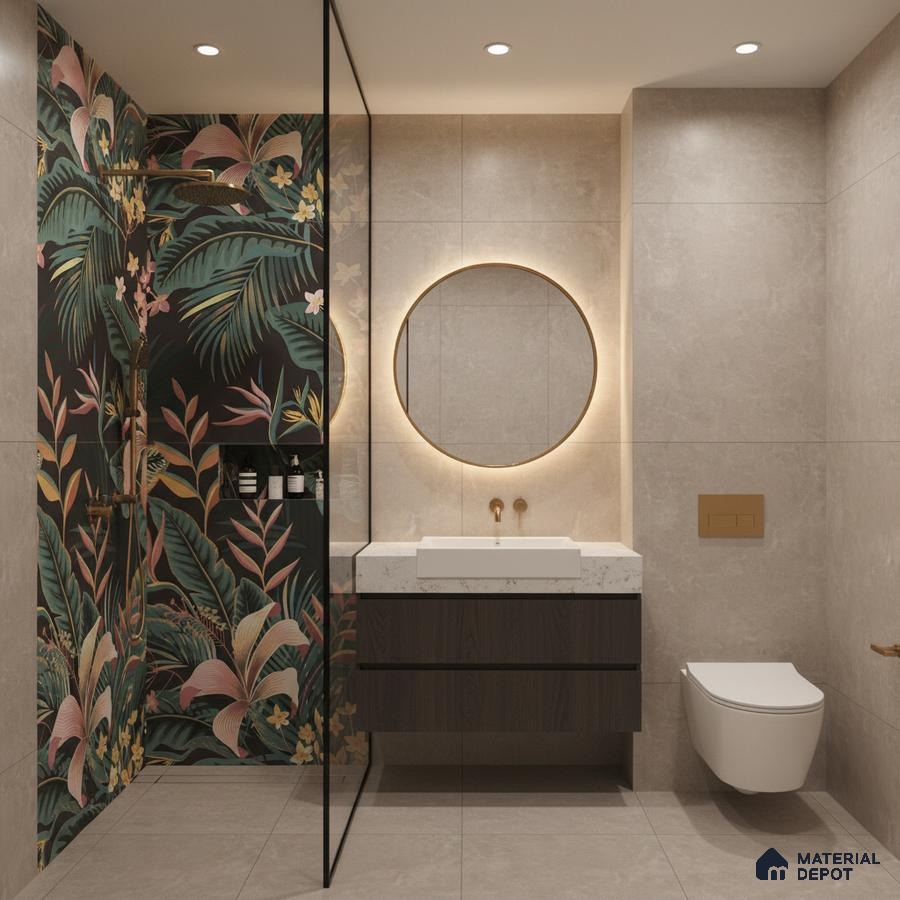 Modern bathroom with tropical floral highlighter wall tile, beige stone-look wall tiles, and floating vanity