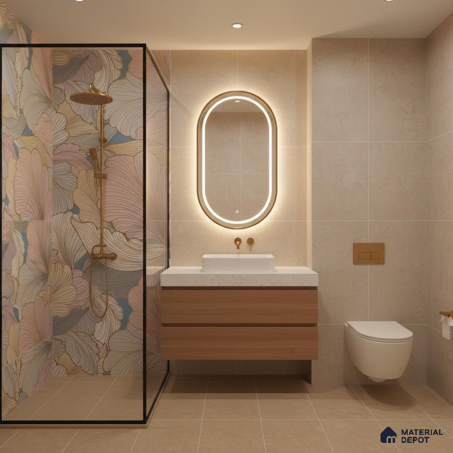 Modern bathroom with pastel floral highlighter wall tile, beige matte wall and floor tiles, and wood laminate vanity