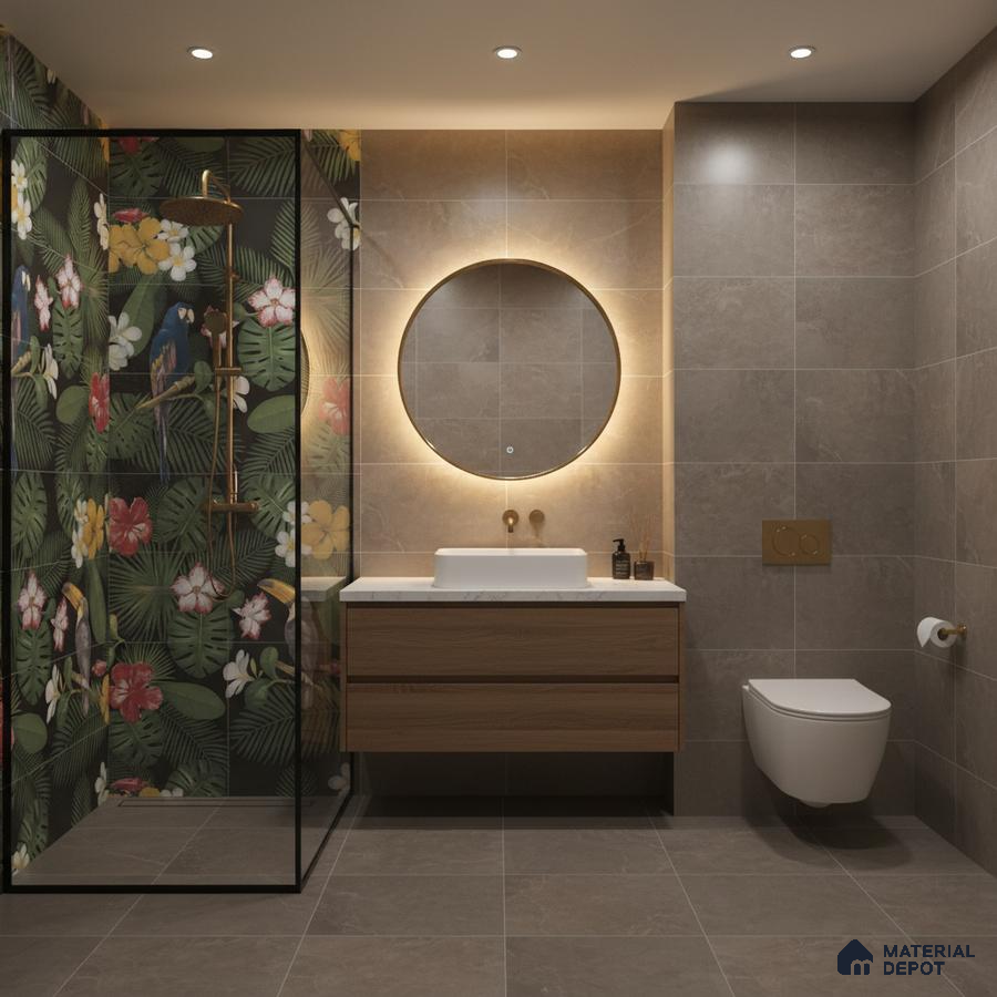 Modern bathroom with tropical floral highlighter wall tile, taupe stone wall and floor tiles, and wood vanity