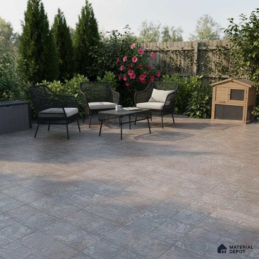 Modern outdoor patio with grey stone-look floor tiles and black wicker furniture