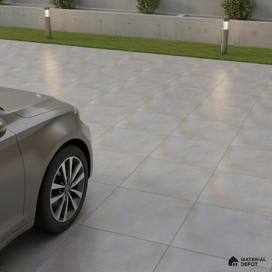 Modern parking area with matte grey stone-look floor tiles