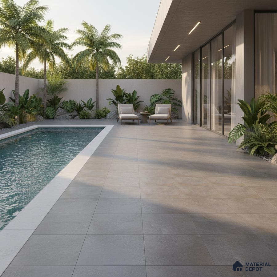 Modern outdoor space with grey stone-look floor tiles and poolside seating