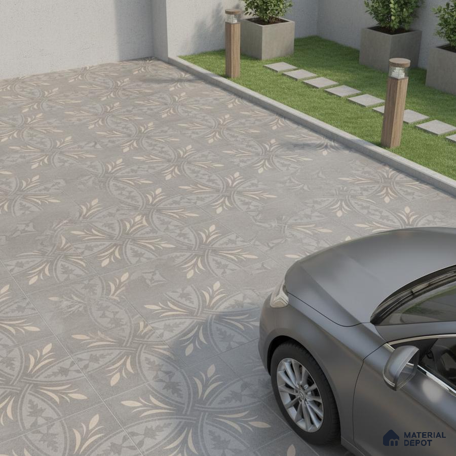 Modern parking area with grey patterned outdoor floor tiles
