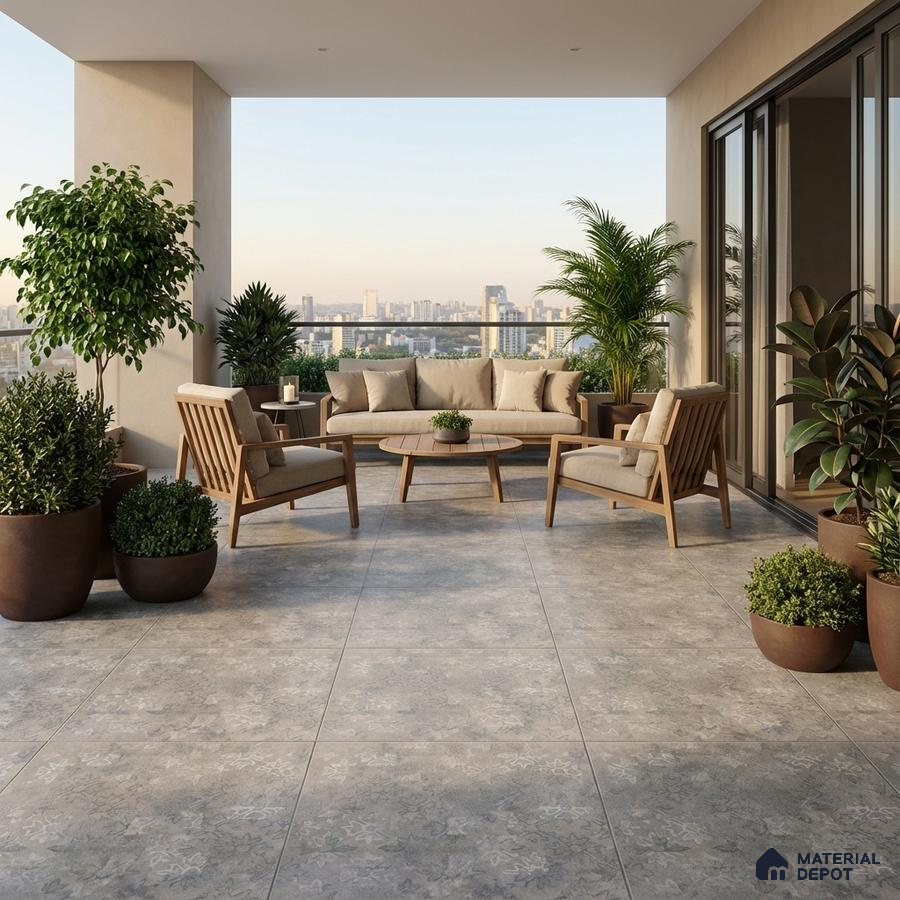 Scandinavian balcony with grey stone-look floor tiles and natural wood outdoor furniture