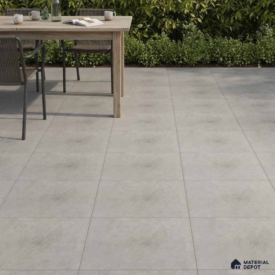 Minimalist outdoor space with light grey stone-look floor tiles and natural wood dining table