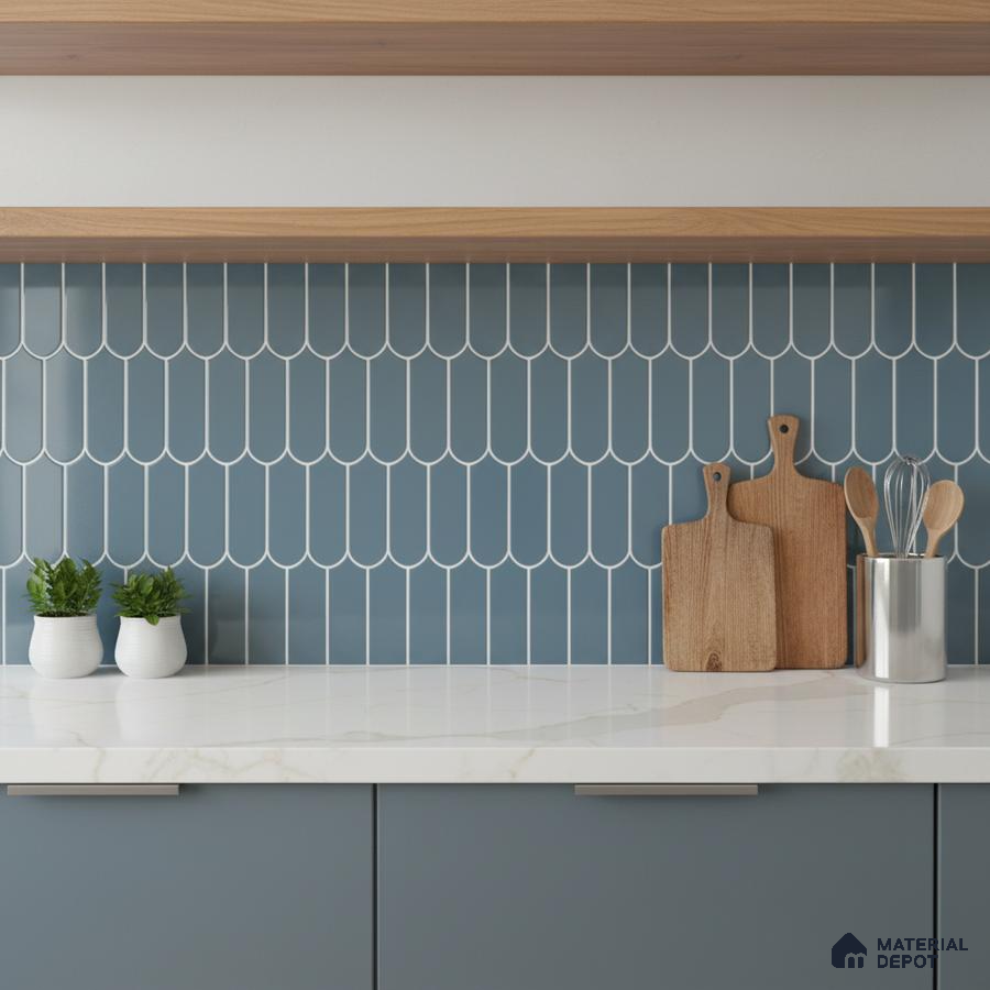 Modern kitchen with blue scallop backsplash tile, white marble countertop, and matte blue laminate cabinets