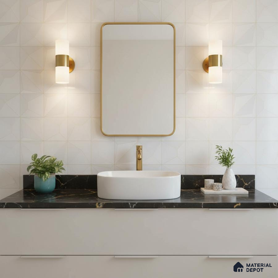 Modern bathroom with geometric white wall tiles and black quartz countertop