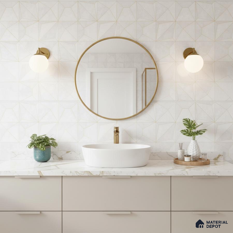 Modern bathroom with geometric white wall tiles and quartz countertop