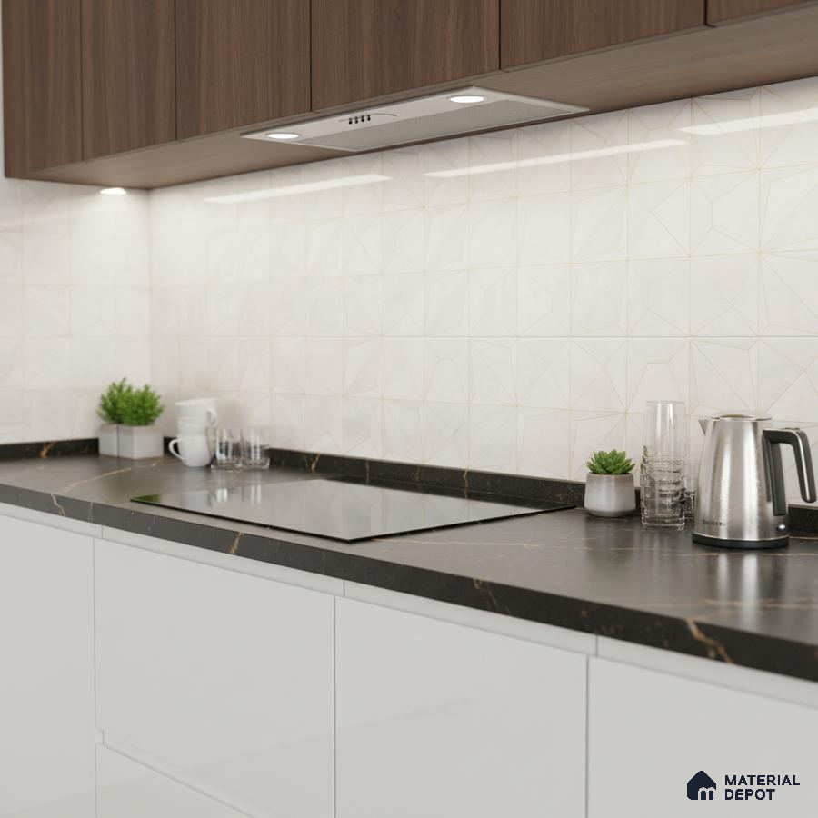 Modern kitchen with walnut laminate cabinets, white geometric backsplash tile, and black marble countertop