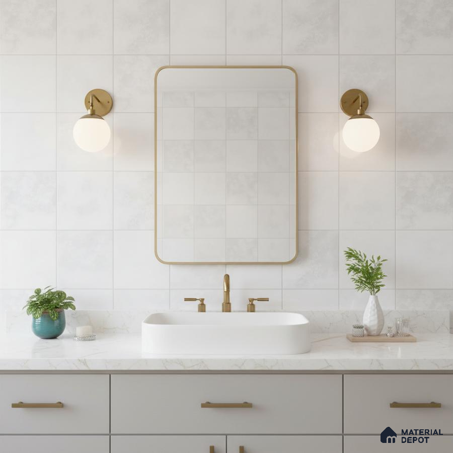 Modern bathroom with matte white wall tiles and marble-look countertop