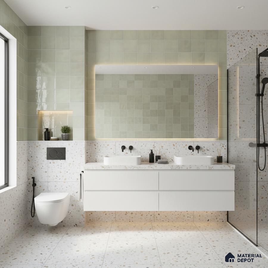 Modern kitchen with sage green square wall tiles, green laminate cabinets, and black marble countertop