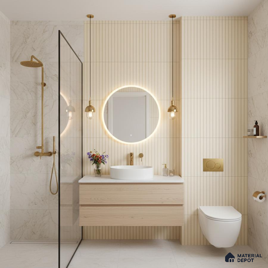 Scandinavian bathroom with beige fluted wall tiles, light wood vanity, and marble-look wall tiles