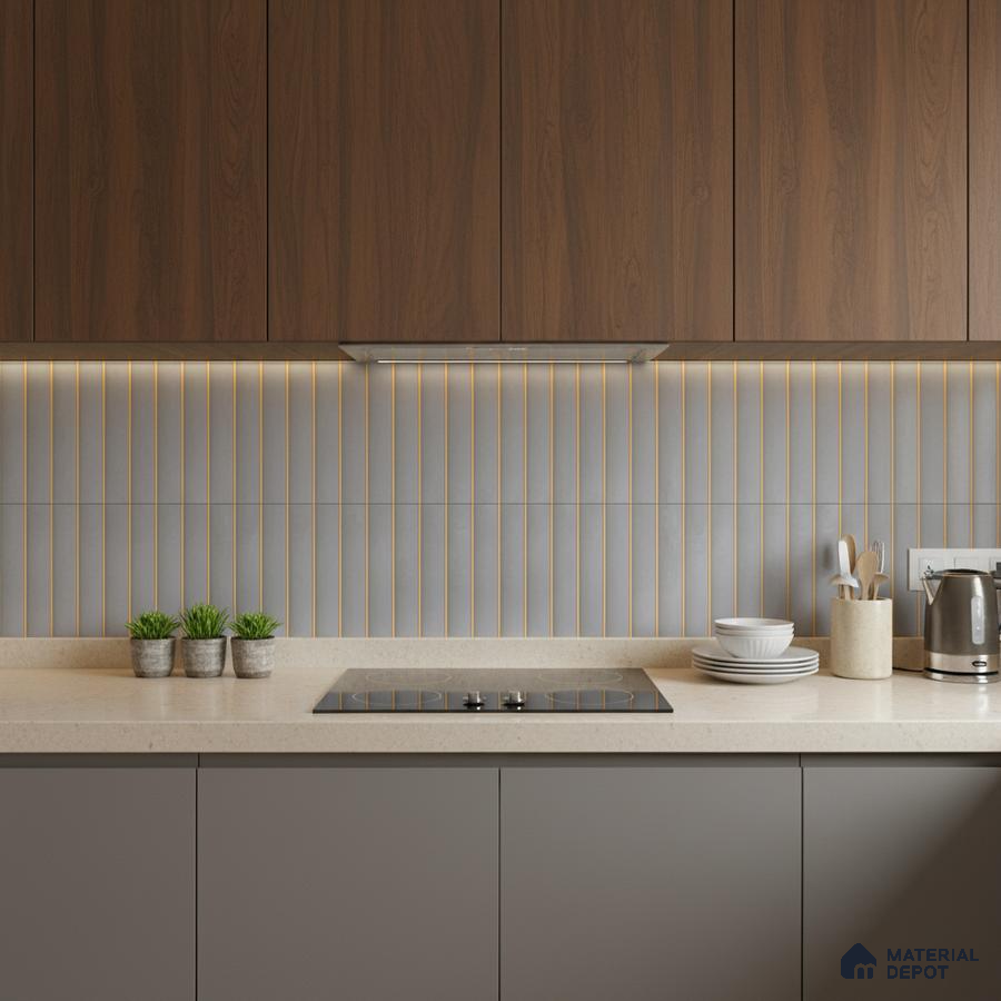Modern kitchen with walnut brown wood laminate, grey vertical kitkat backsplash tile, and beige quartz countertop