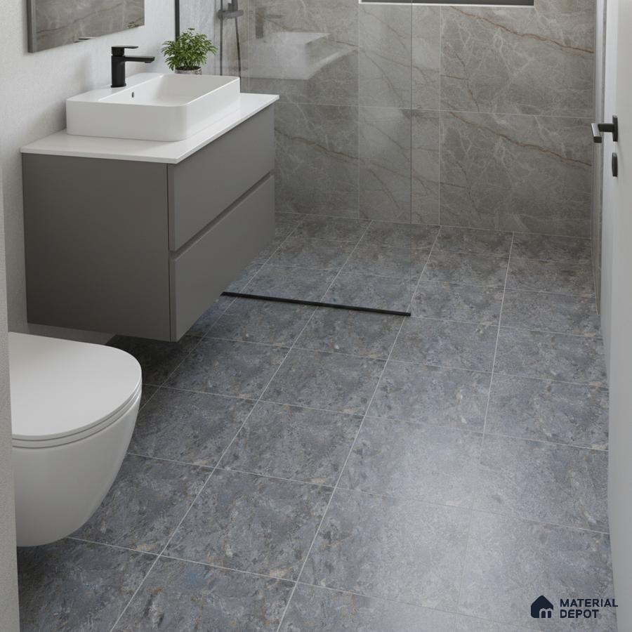 Modern bathroom with grey stone wall tiles and blue-grey marble floor tiles
