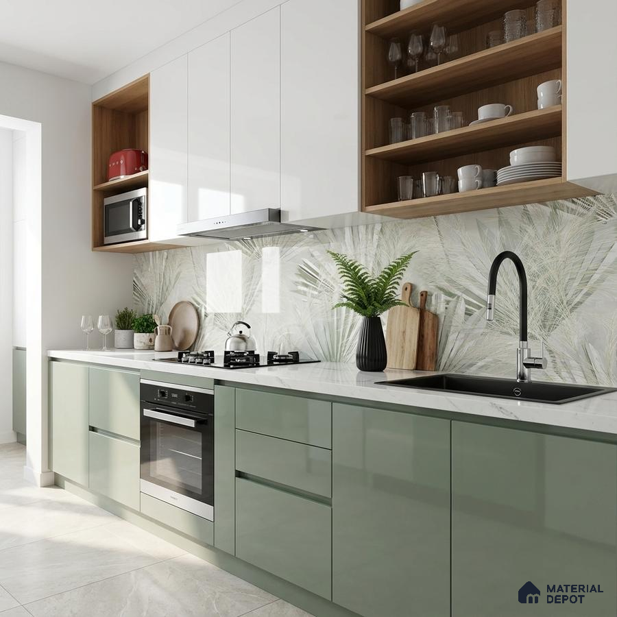 Modern kitchen with sage green laminate, white quartz countertop, and tropical wallpaper backsplash