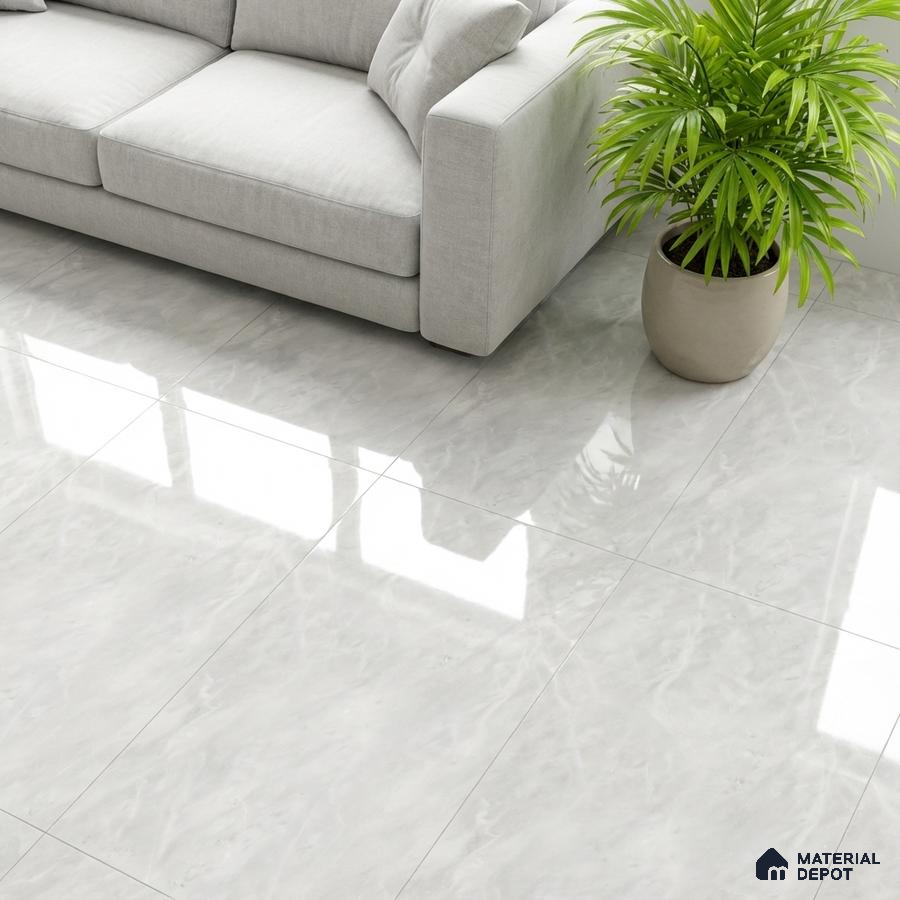 Minimalist living room with light grey marble-look floor tiles and fabric sofa