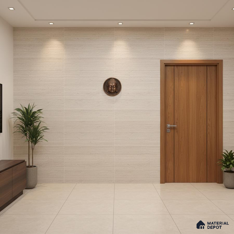 Modern foyer with beige textured wall tiles, wooden door, and large format beige floor tiles