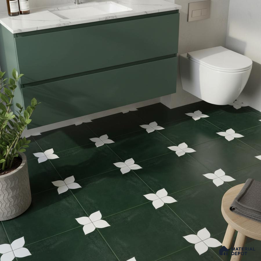 Modern bathroom with green laminate vanity and dark green floral patterned floor tiles