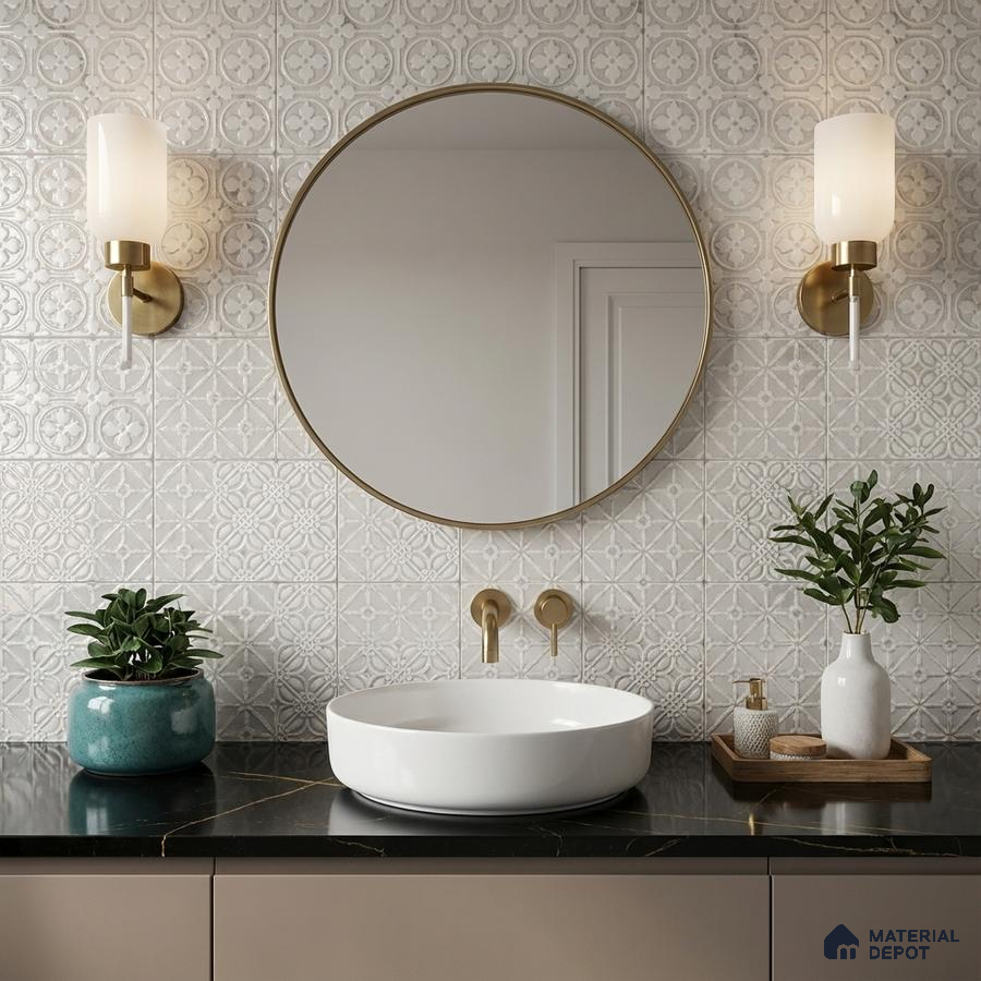 Modern bathroom with white patterned wall tiles and black quartz countertop