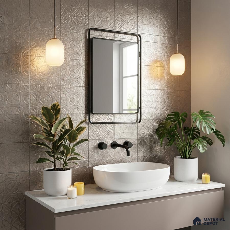 Modern bathroom with embossed metallic patterned wall tiles and white quartz countertop vanity